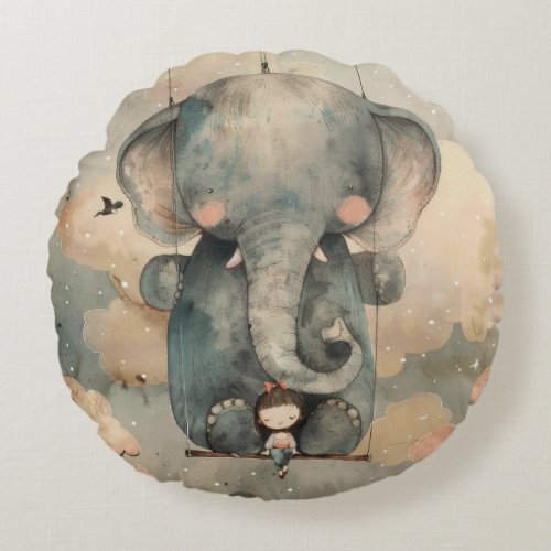 Watercolor Elephant Round Pillow
