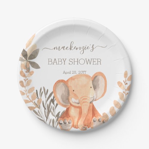 Watercolor Elephant Safari Baby Shower Paper Plates