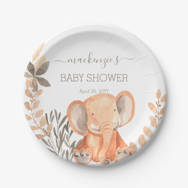 Watercolor Elephant Safari Baby Shower Paper Plates (Front)