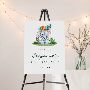 Watercolor Elephant Safari Birthday Party Welcome Foam Board