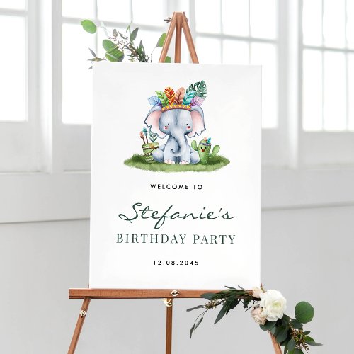 Watercolor Elephant Safari Birthday Party Welcome Poster