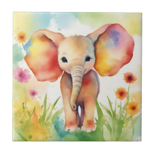 Watercolor Elephant Serene Colorful Ceramic Tile