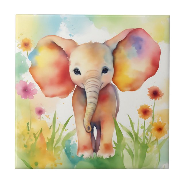 Watercolor Elephant Serene Colorful Ceramic Tile (Front)