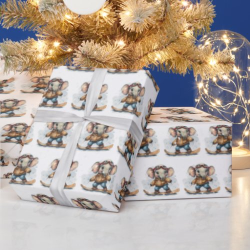 Watercolor Elephant Snowboarding Wrapping Paper