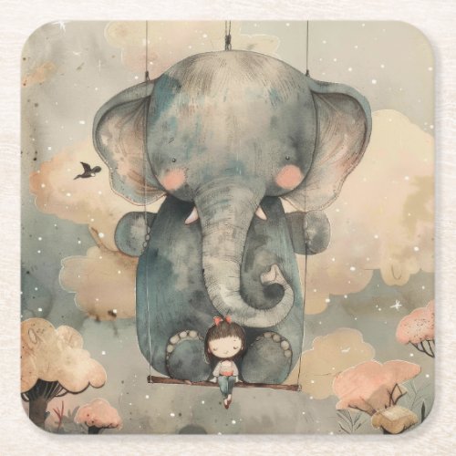 Watercolor Elephant Square Paper Coaster