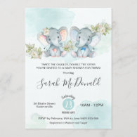 Watercolor Elephant Twins Boy Girl Baby Shower Invitation