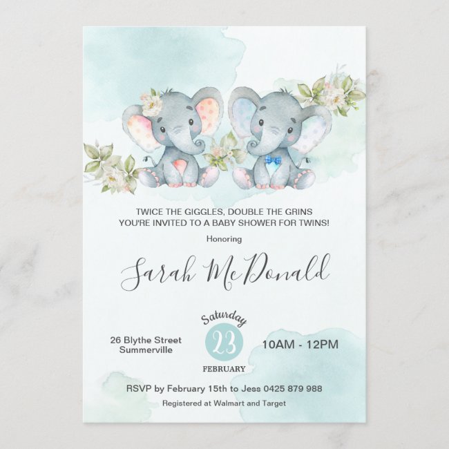 Watercolor Elephant Twins Boy Girl Baby Shower Invitation