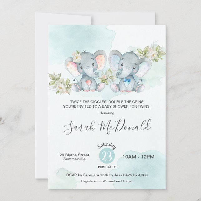 Watercolor Elephant Twins Boy Girl Baby Shower Invitation (Front)