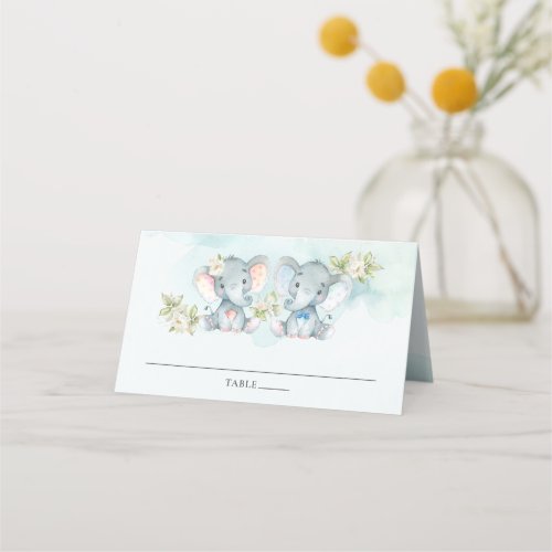 Watercolor Elephant Twins Boy Girl Baby Shower Place Card