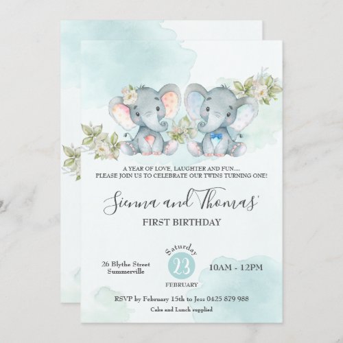Watercolor Elephant Twins Boy Girl Birthday Party Invitation