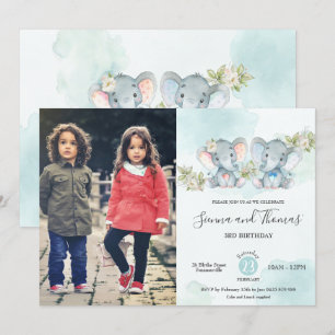Watercolor Elephant Twins Boy Girl Birthday Photo Invitation