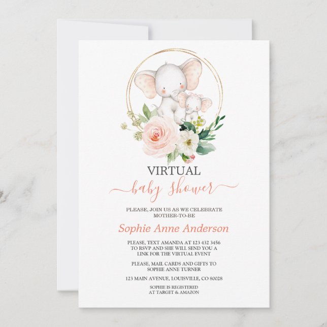 Watercolor Elephant Virtual Baby Shower By Mail Invitation (Front)
