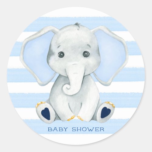 Watercolor Elephant With Blue Stripes Baby Shower Classic Round Sticker