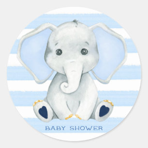 Watercolor Elephant With Blue Stripes Baby Shower Classic Round Sticker