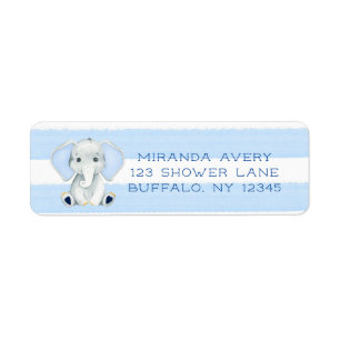 Watercolor Elephant With Blue Stripes Baby Shower Label