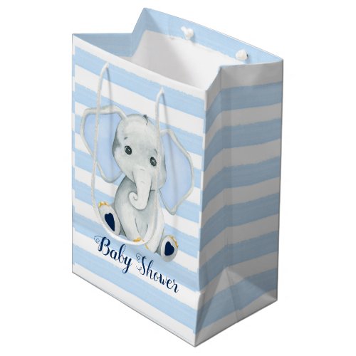 Watercolor Elephant With Blue Stripes Baby Shower Medium Gift Bag