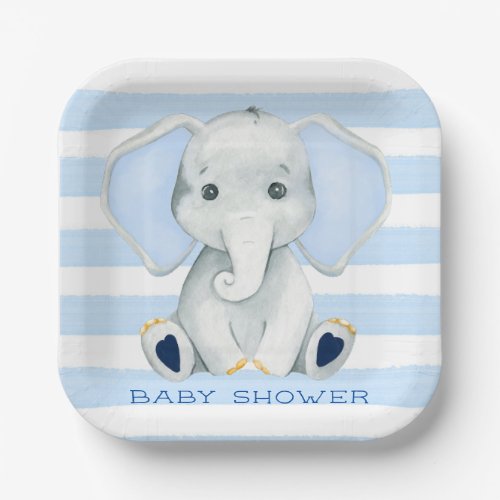 Watercolor Elephant With Blue Stripes Baby Shower Paper Plates
