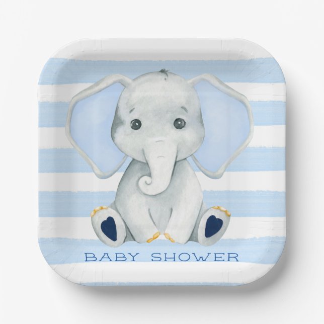 Watercolor Elephant With Blue Stripes Baby Shower Paper Plates (Front)