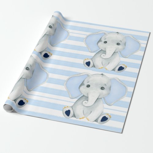 Watercolor Elephant With Blue Stripes Baby Shower Wrapping Paper