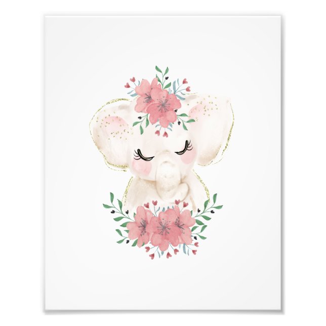 Watercolor Elephant with Florals Photo Print (Front)