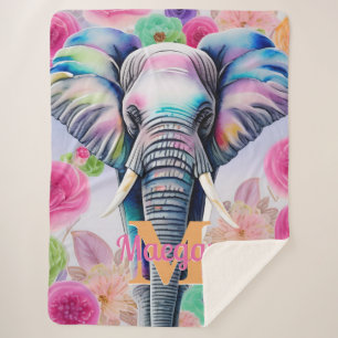Watercolor Elephant with Flowers Personalized Name Sherpa Blanket