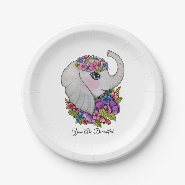 Watercolor Elephant With Wild Flowers Paper Plates (Front)