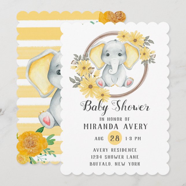 Watercolor Elephant With Yellow Ears Baby Shower Invitation (Front/Back)