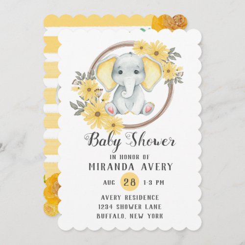 Watercolor Elephant With Yellow Ears Baby Shower Invitation