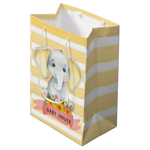 Watercolor Elephant With Yellow Stripe Baby Shower Medium Gift Bag