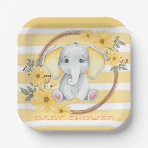 Watercolor Elephant With Yellow Stripe Baby Shower Paper Plates