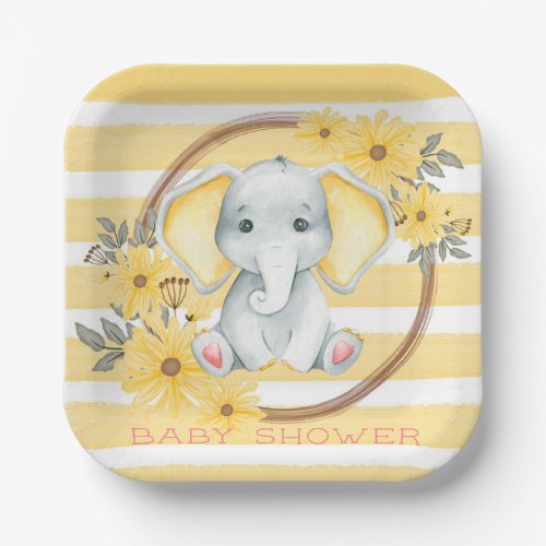 Watercolor Elephant With Yellow Stripe Baby Shower Paper Plates