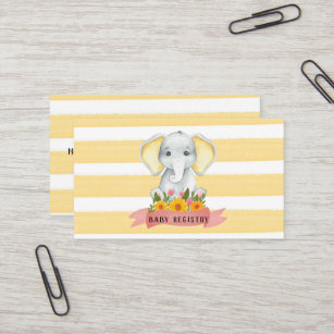 Watercolor Elephant Yellow Stripe Baby Registry Business Card