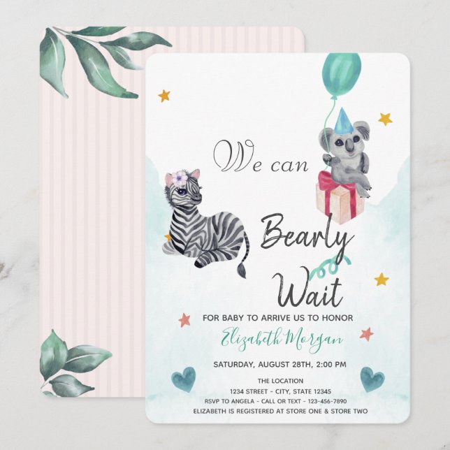 Watercolor Elephant,Zebra Striped Baby Shower   Invitation (Front/Back)
