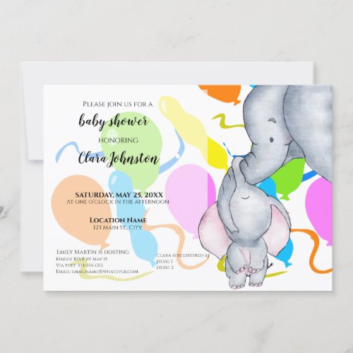 Watercolor Elephants Balloons Unisex Baby Shower Invitation