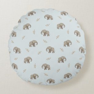 Watercolor Elephants Dusty Blue Nursery Pattern Round Pillow