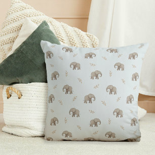Watercolor Elephants Dusty Blue Nursery Pattern Throw Pillow