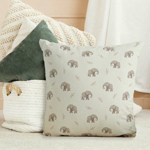 Watercolor Elephants Dusty Green Nursery Pattern Throw Pillow