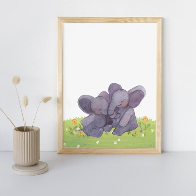 Watercolor Elephants Flowers And Grass Nursery  Poster (Creator Uploaded)