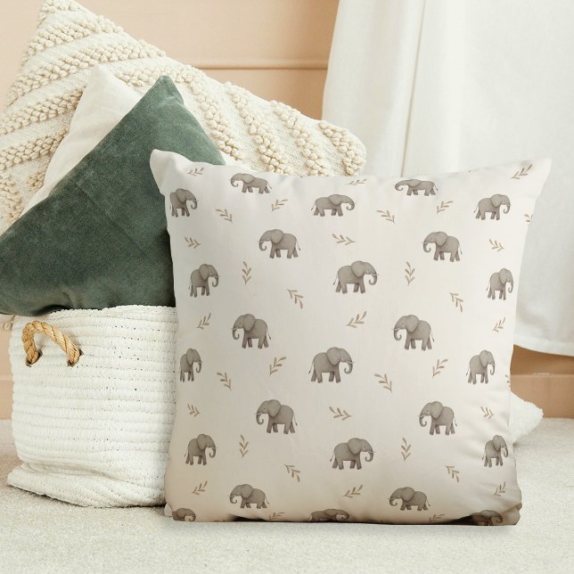  Watercolor Elephants Neutral Nursery Pattern Throw Pillow (Creator Uploaded)