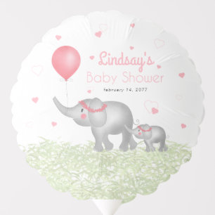 Watercolor Elephants & Pink Heart Baby Girl Shower Balloon