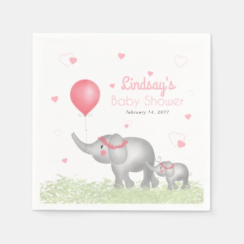 Watercolor Elephants  Pink Heart Baby Girl Shower Napkins