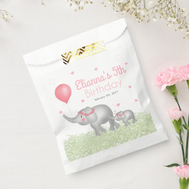 Watercolor Elephants Pink Hearts Birthday Girl Favor Bag (Sealed)