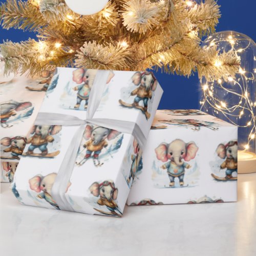 Watercolor Elephants Winter Sports Wrapping Paper