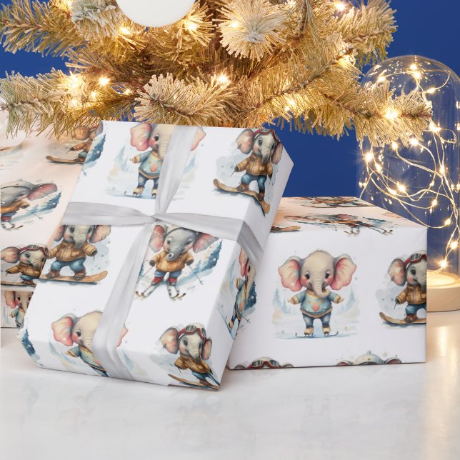 Watercolor Elephants Winter Sports Wrapping Paper (Holidays)