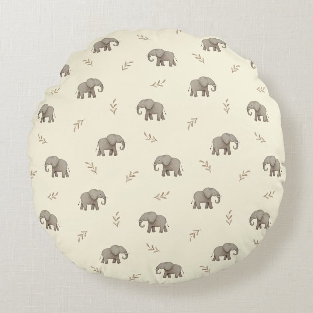Watercolor Elephants Yellow  Nursery Pattern Round Pillow (Front)