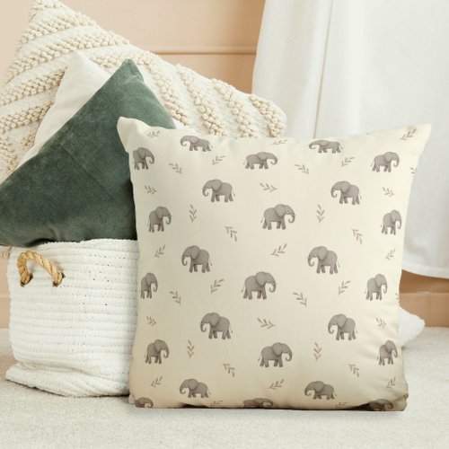 Watercolor Elephants Yellow  Nursery Pattern Throw Pillow