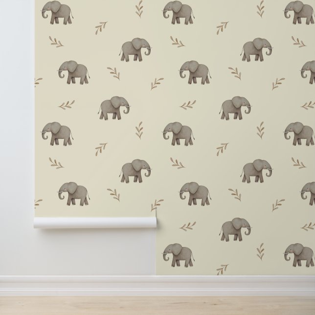 Watercolor Elephants Yellow  Nursery Pattern Wallpaper (Application)