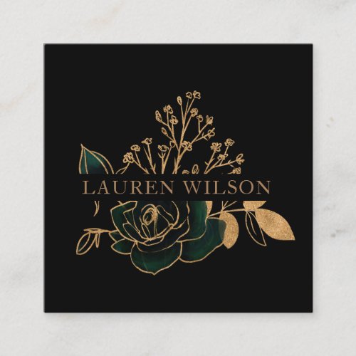 watercolor emerald gold elegant floral square business card