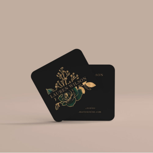 watercolor emerald gold elegant floral square business card