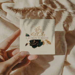 Watercolor Emerald Gold Elegant Floral Square Business Card